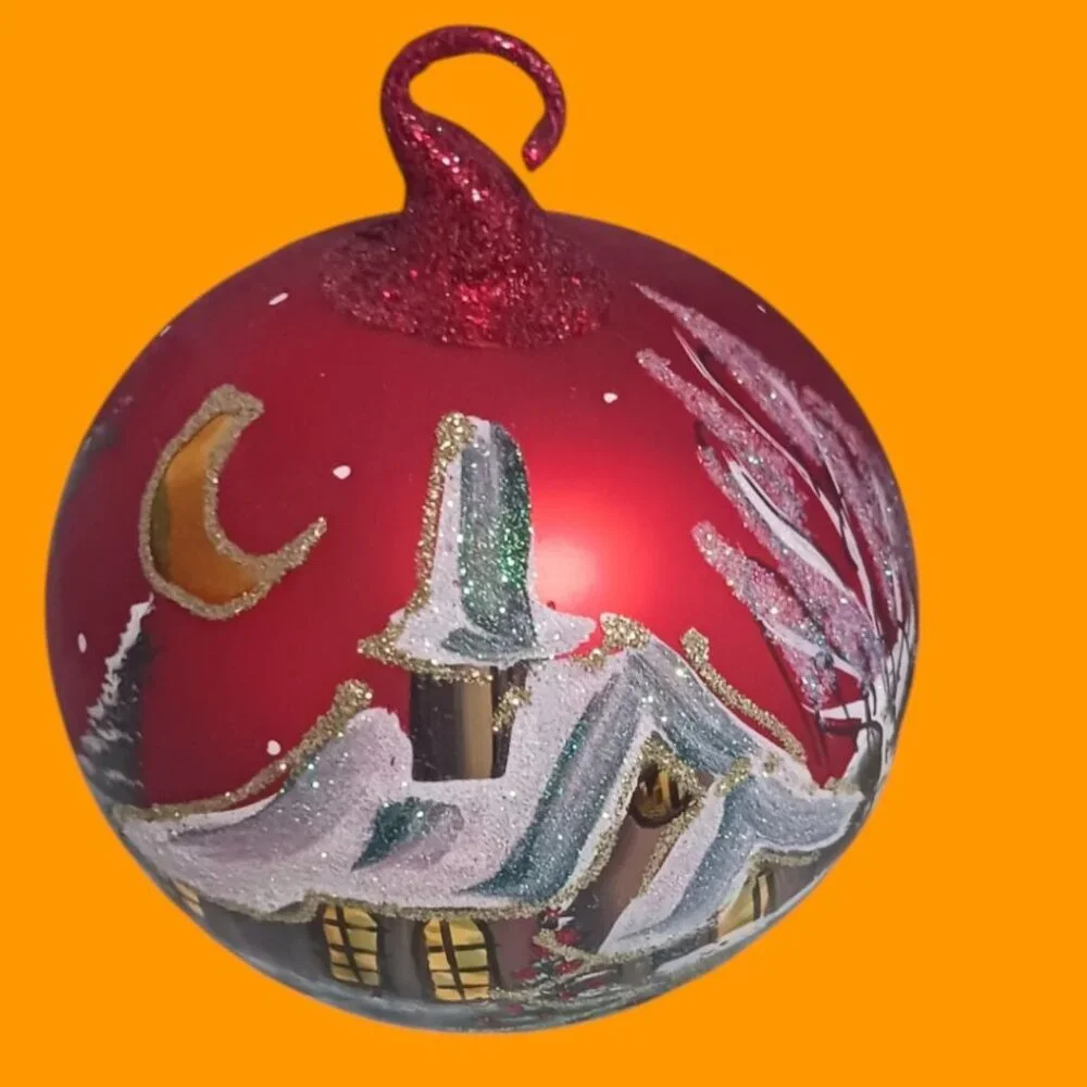Hand-Painted Glass Christmas Ornament With Winter Village Scene & Glitter